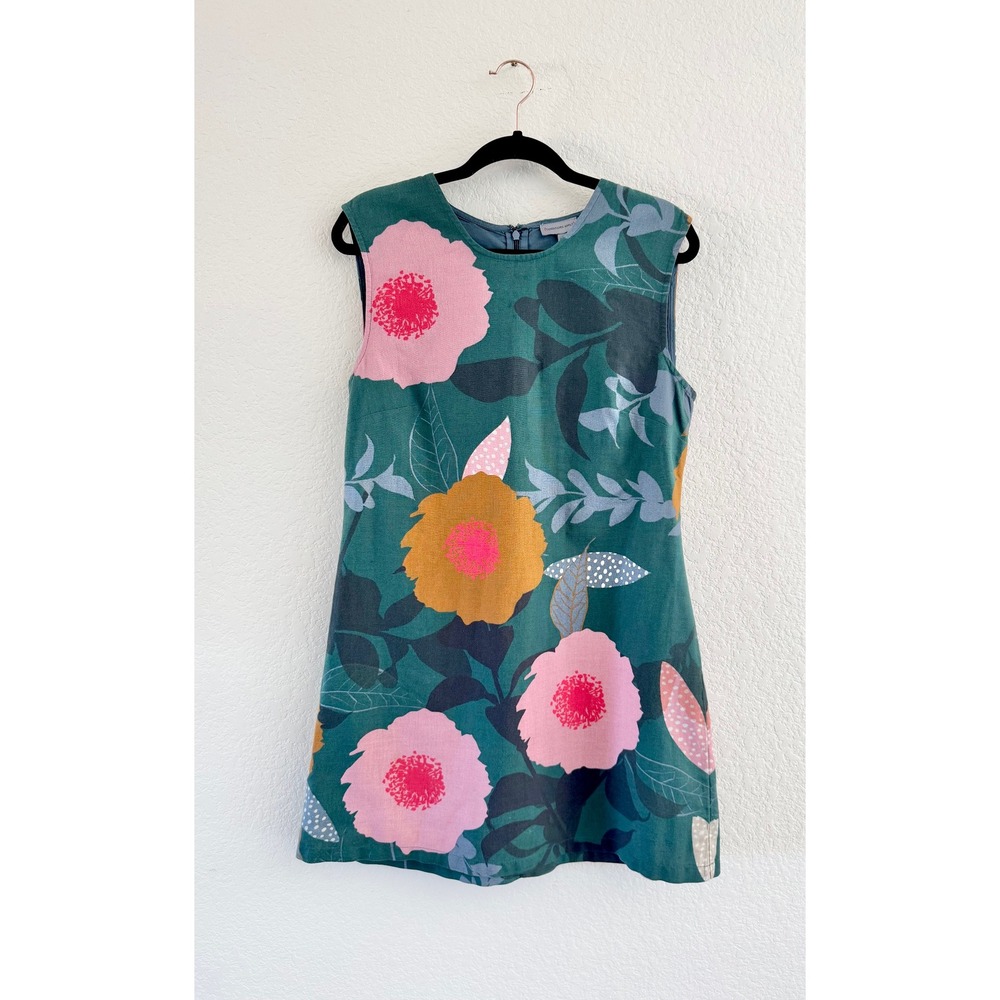 Anthropologie Conditions Apply Floral Shift Dress Green Cotton Sleeveless Mini M